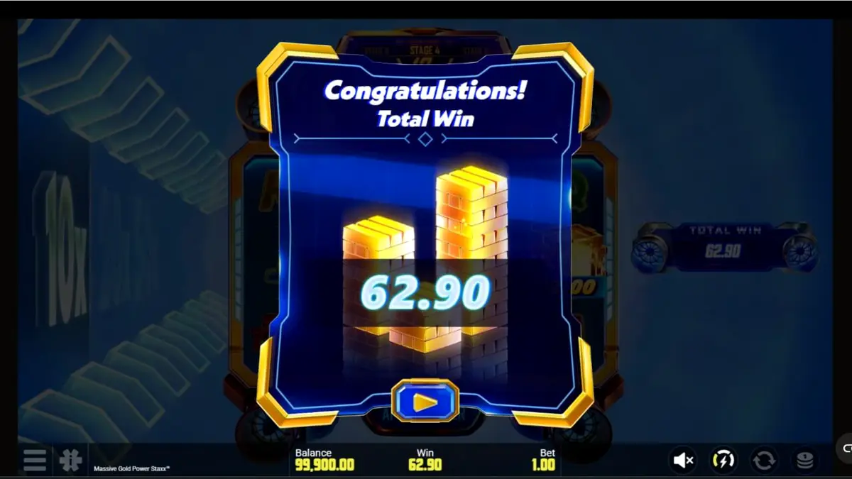 Tampilan visual futuristik dari slot Massive Gold Power Staxx dengan latar belakang galaksi dan simbol emas.